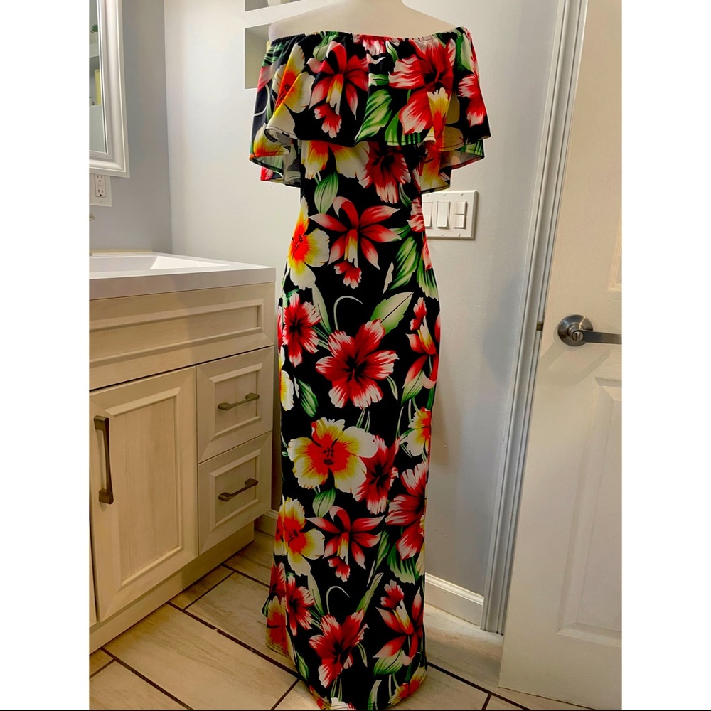 Womens off shoulder,long, mermaid style Summer dress with side zip, stretch Sz L